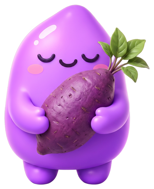 UBIYAM mascot hugging a purple yam