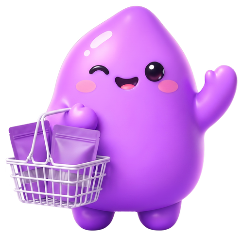 UBIYAM mascot with a shopping basket of pouches