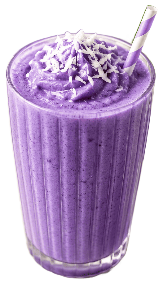 Ube smoothie in a tall glass topped with coconut flakes